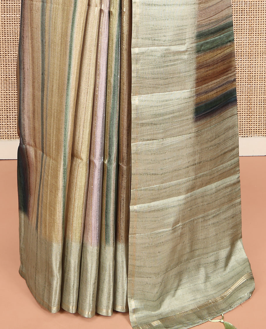 Pista Green Striped Semi-Tussar Silk Saree, Adorned with Vertical Zari Stripes on Its Body, Subtle Zari Border, a Subtle Pallu, and Paired with a Contrast Striped Blouse