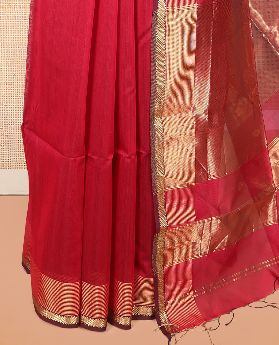Red Maheshwari Cotton Saree, Decorated with Zari Buttas, a Traditional Zari Border, Zari Gleamed Up Pallu, and a Matching Blouse