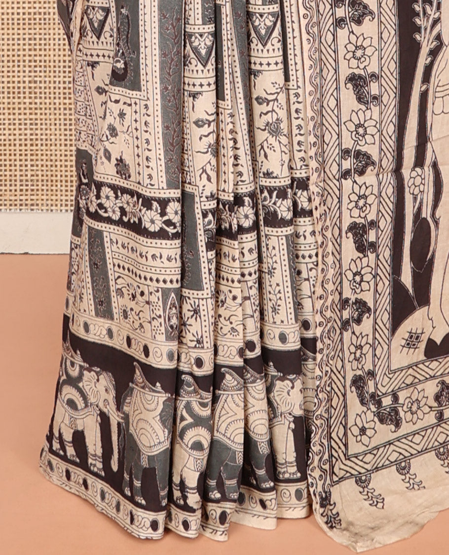 Sandal-Black Machine-Printed Kalamkari Cotton Saree Features Unique Motifs, an Elephant-Printed Border, a Pallu of Lord Krishna Motifs, and a Matching Blouse