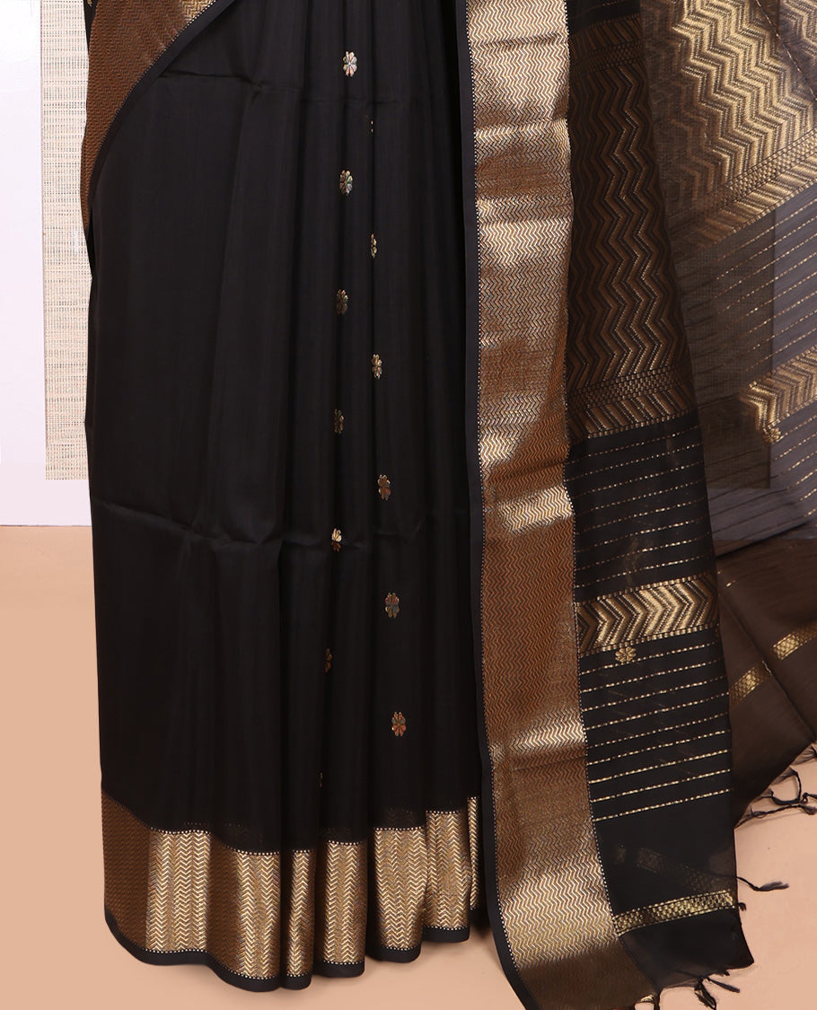Black Maheshwari Cotton Saree, Accentuated with Buttas, Highlighted by a Traditional Zari Border, Pallu of Chevron Stripes, and a Matching Blouse