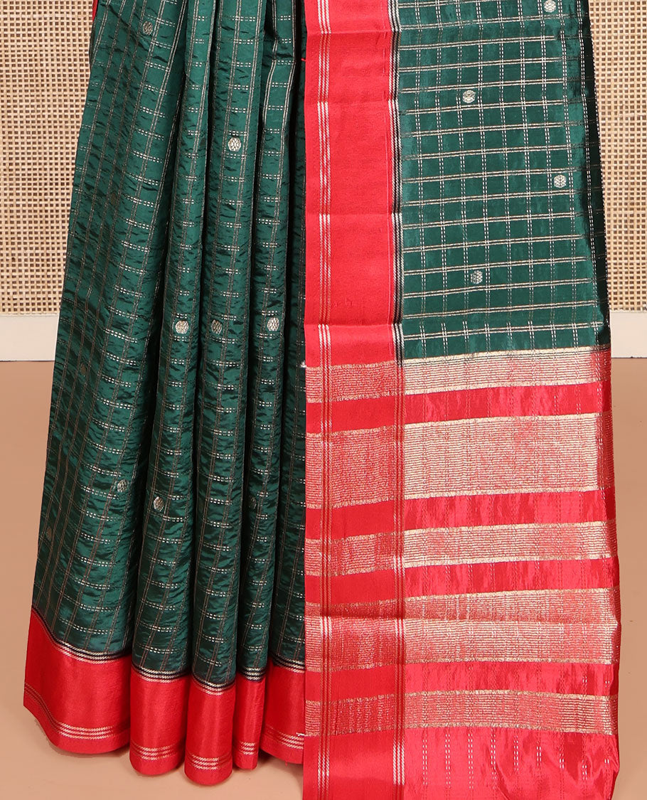 Green Dupion Silk Saree, Decorated with Zari Butta Enclosed Checks, Complemented by a Contrast Border, Zari Striped Pallu, and a Contrast Blouse