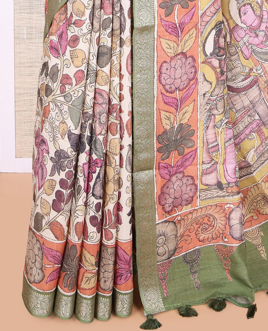 Off-White Kalamkari Printed Fancy Tussar Saree