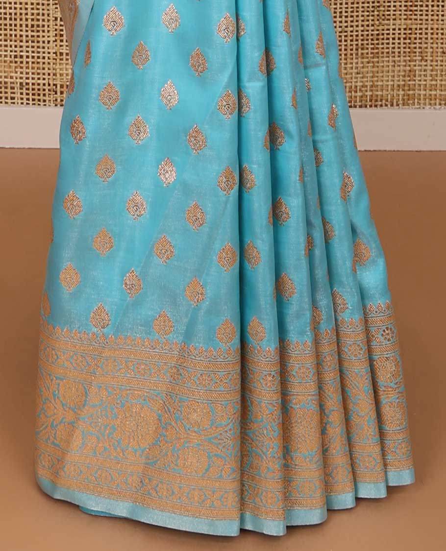 Sky blue leaf buttas semi banaras nylon saree with self traditional zari design border & floral vine design pallu