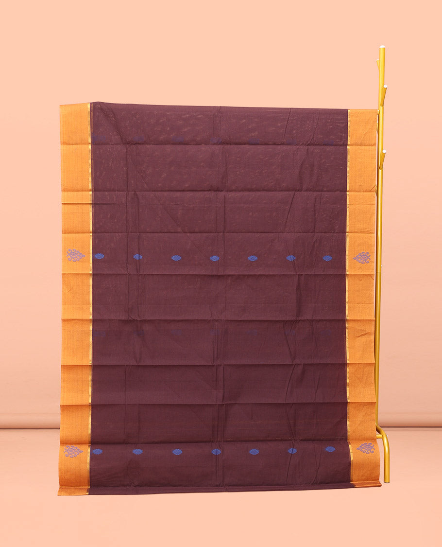 Brown Kanchi Cotton Saree, Woven with Buttas All Over Its Body, a Complemented by Contrast Border, Pallu of Intricate Designs, and Paired with a Matching Blouse