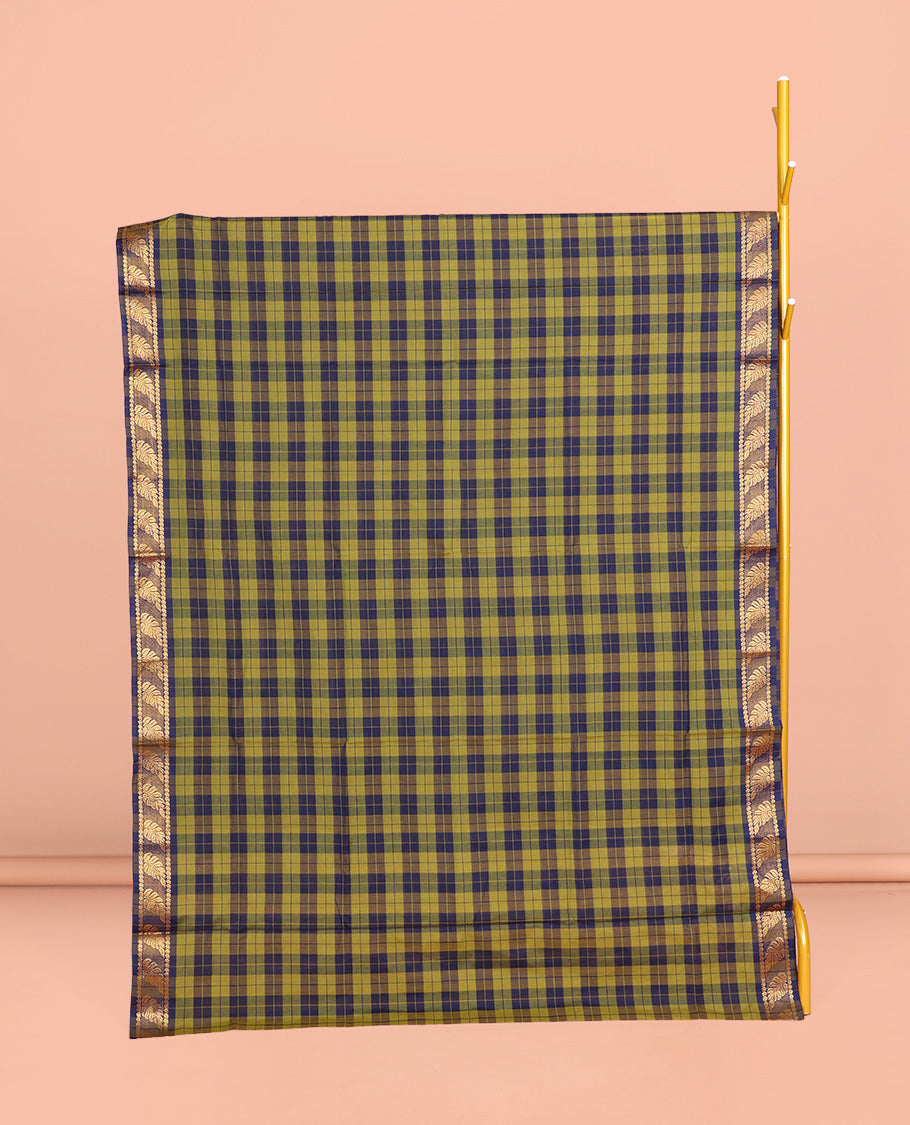 Green-Blue Chettinad Cotton Saree, Elevated with Checks, a Leaf Design Woven Border, Striped Pallu, and No Blouse