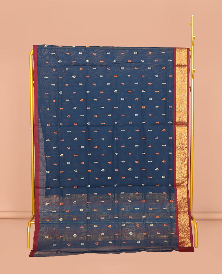 Blue Venkatagiri Cotton Saree, Woven with Thread Buttas, a Contrast Traditional Zari Border, Pallu of Buttas and Stripes, and No Blouse
