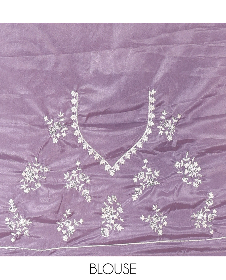 Lavender Plain Satin Crepe Saree, Accentuated with Floral Vine Thread Embroidery on Its Border, a Self-Pallu, and Paired with a Matching Blouse