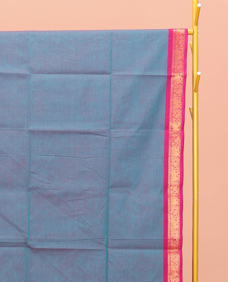 Peacock Blue Plain Chettinad Cotton Saree, Complemented by a Contrast Traditional Zari Design Border, Pallu of Stripes, and Paired with a Matching Blouse