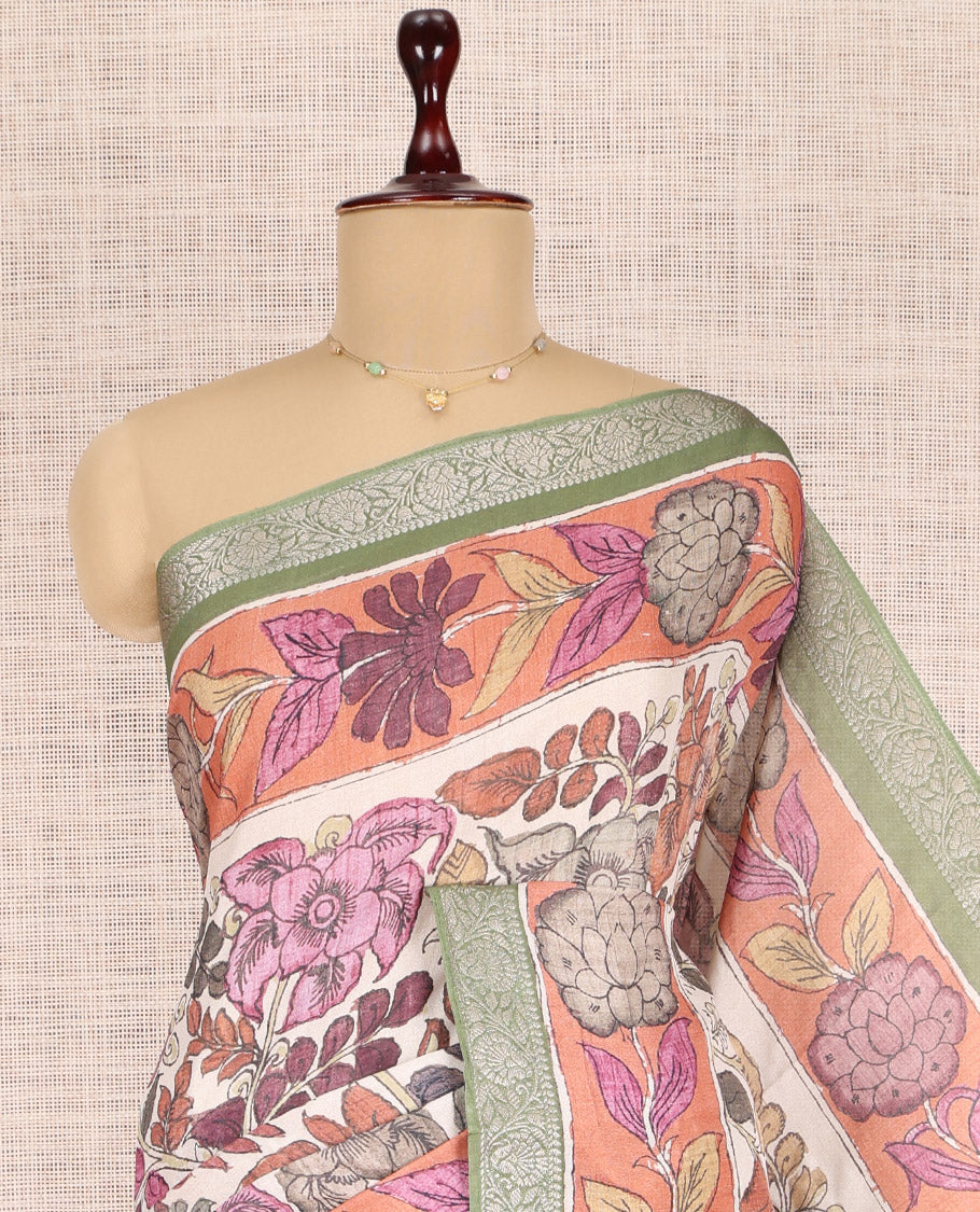 Off-White Kalamkari Printed Fancy Tussar Saree