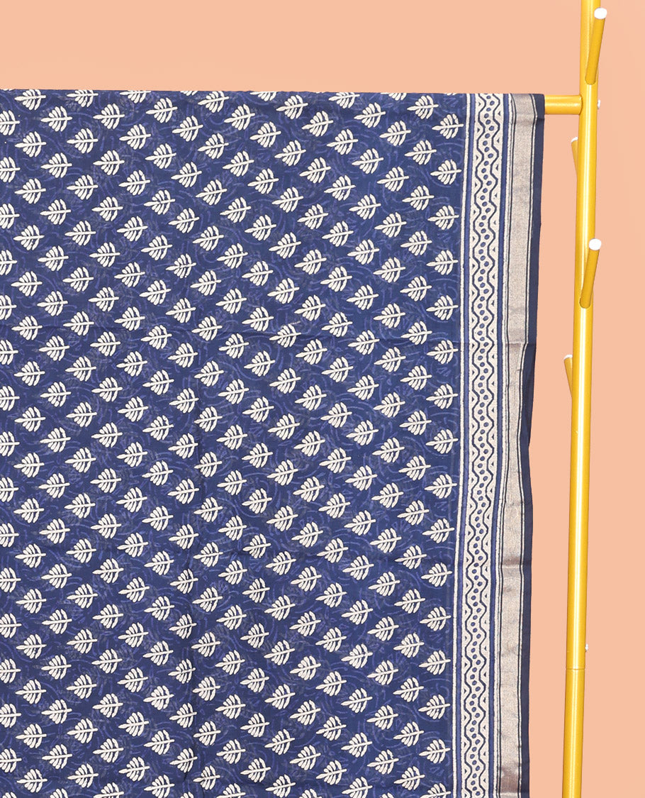 Blue Mul Mul Cotton Saree, Decked Up with Floral Buttas, a Piping Border, Printed Pallu, and a Matching Blouse