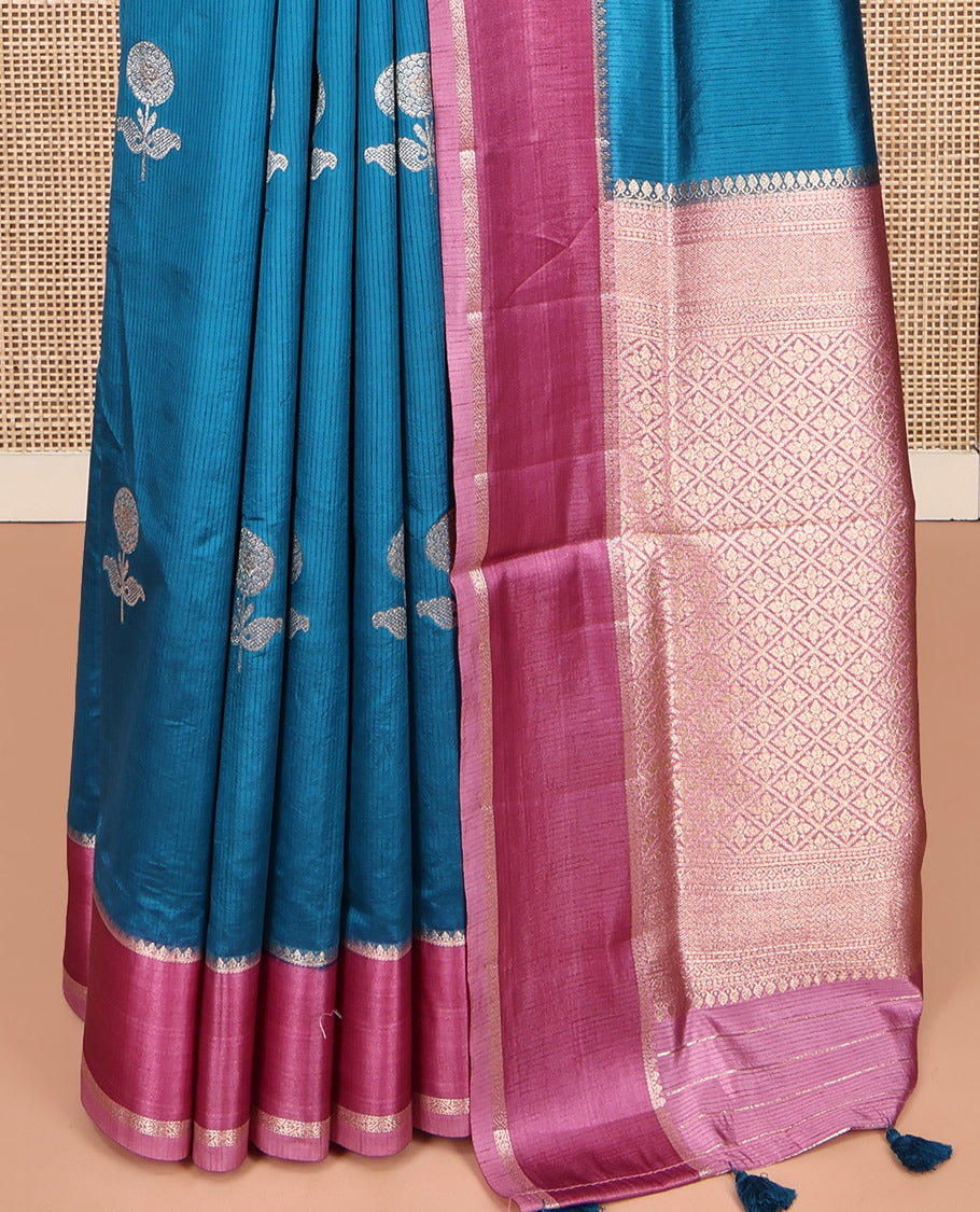 Blue Semi-Banaras Dupion Saree, Impeccably Styled with Floral Buttas, Complemented by Contrast Temple Border, Grand Jaal Pallu, and a Contrast Blouse