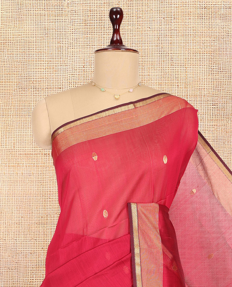 Red Maheshwari Cotton Saree, Decorated with Zari Buttas, a Traditional Zari Border, Zari Gleamed Up Pallu, and a Matching Blouse