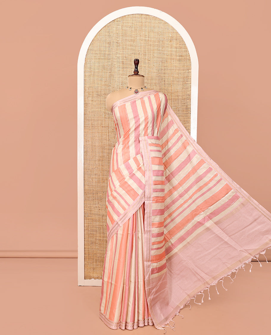 Chikku-Peach Fancy Tussar Silk With Stripes, Zari Border, Pallu, and Blouse