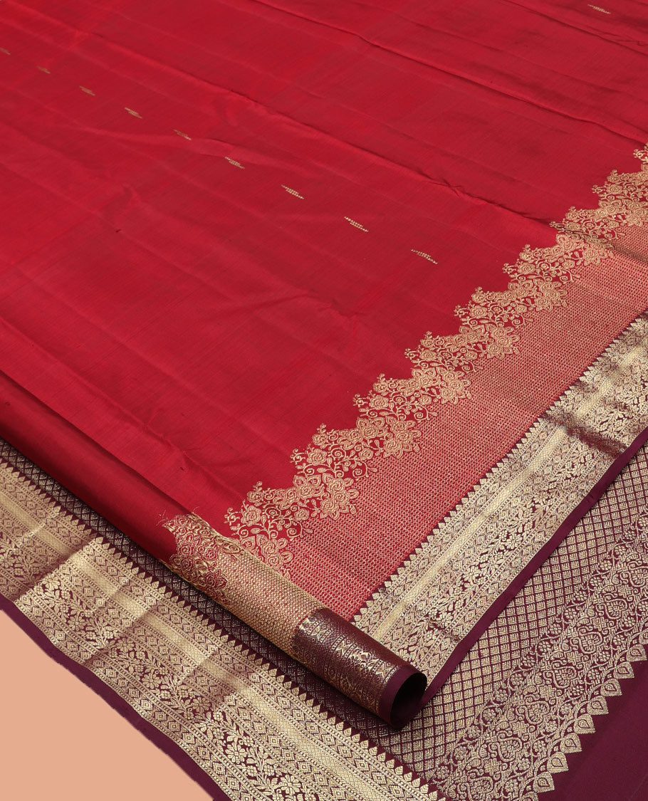 Red Kanchipuram Silk Saree, Graced with Zari Buttas, Complemented by Contrast Traditional Zari Border, Jaal Pallu, and Contrast Blouse