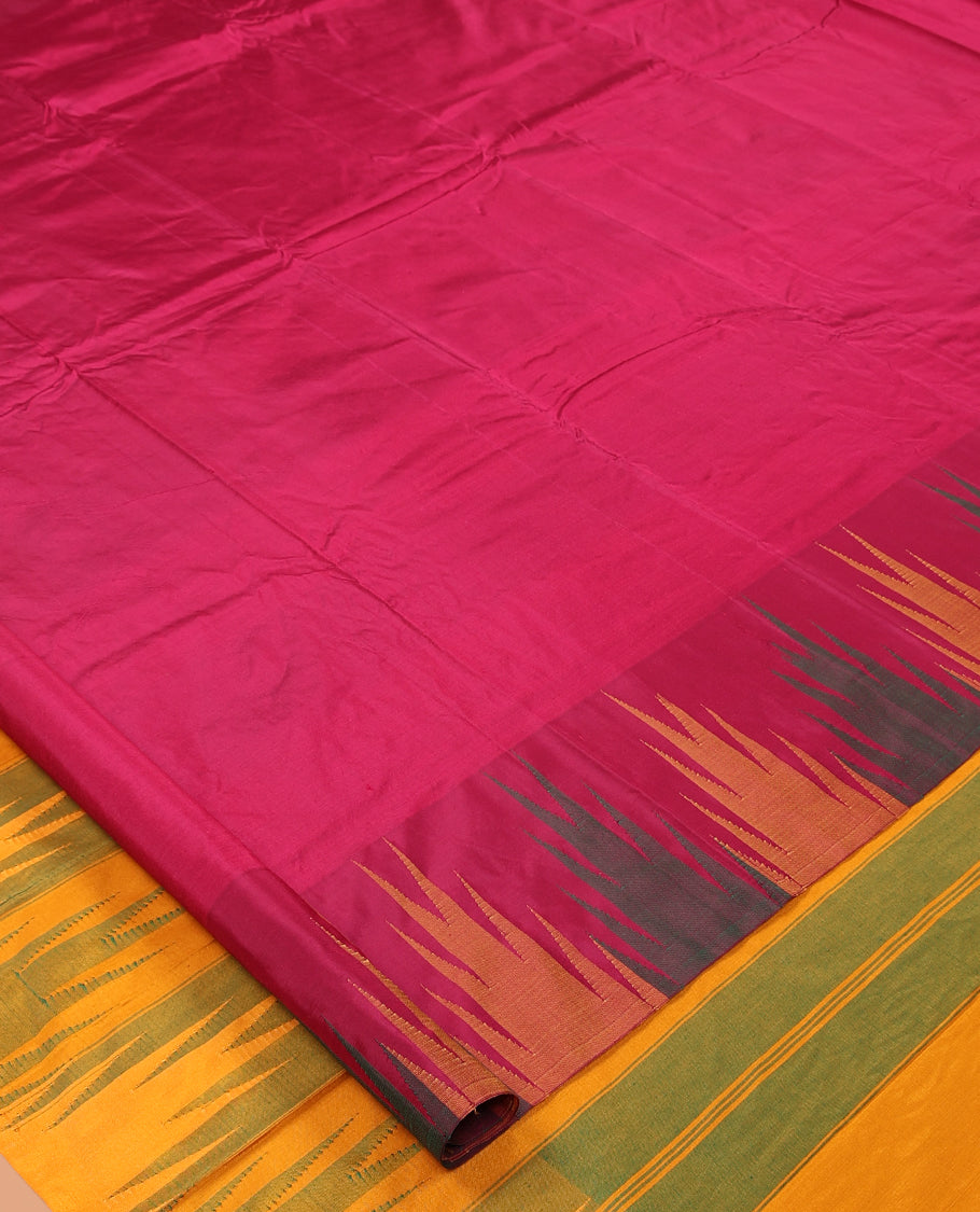 Pink Plain Bangalore Silk Saree, Complemented by a Contrast Temple Border, Striped Pallu, and a Contrast Blouse