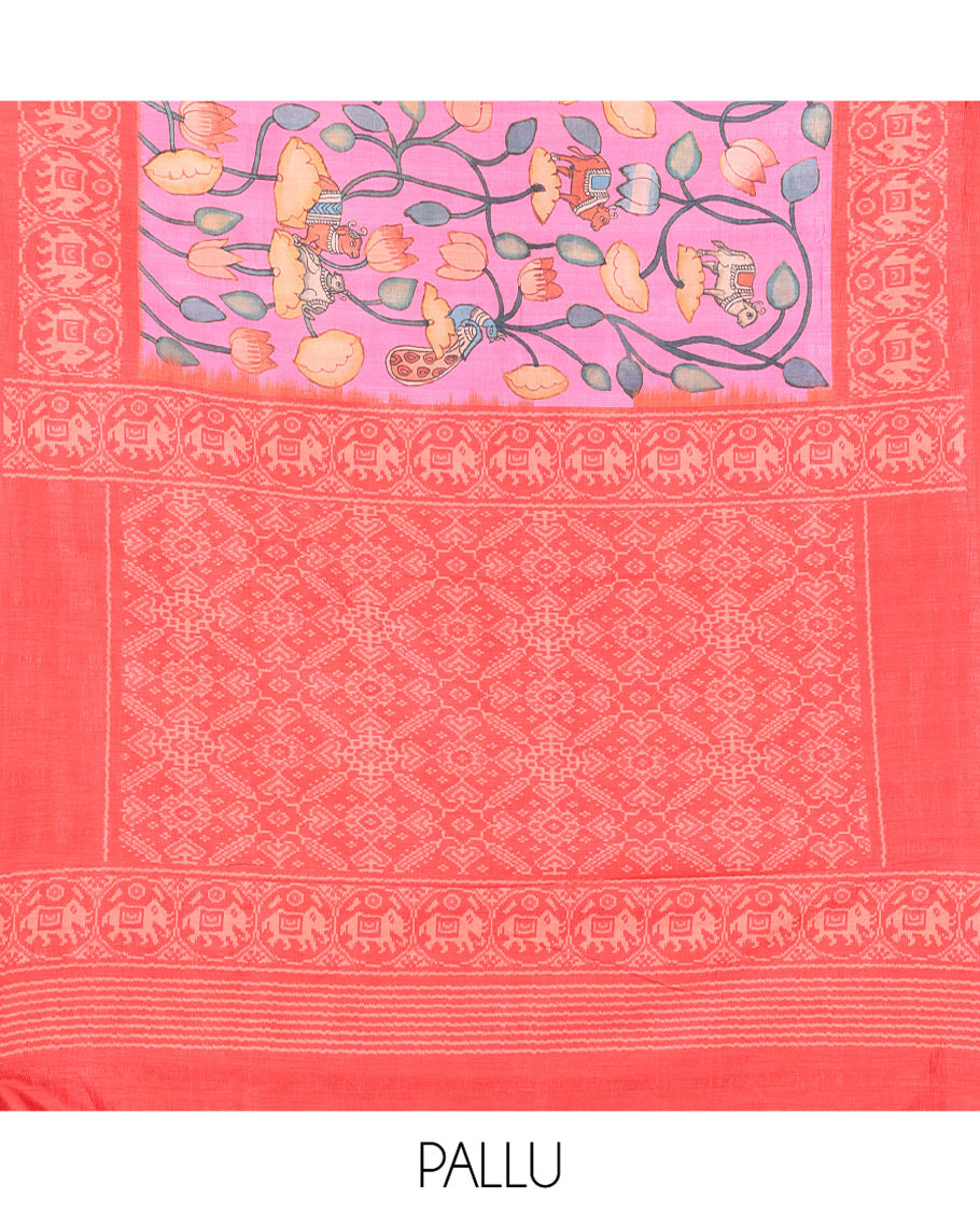 Pink Fancy Tussar Saree Features Pichwai Lotus and Cow Print, Contrast Patola Elephant Border, Patola Pallu, and a Contrast Blouse