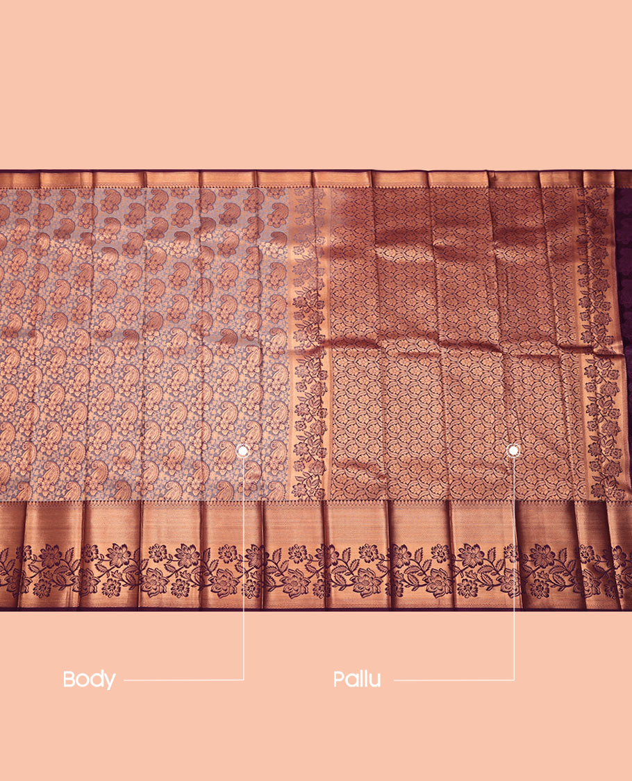 Grey Budget Silk Saree, Decorated with Paisley Jacquard, Complemented by Contrast Traditional Zari Border, Intricate Pallu, and a Contrast Blouse