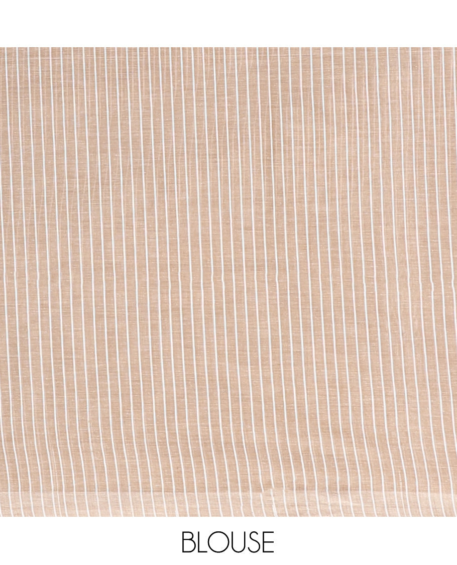 Borderless Blue-Brown Jute Cotton Saree, Steeped with Tropical Floral Print, a Subtly Striped Pallu, and a Contrast Blouse
