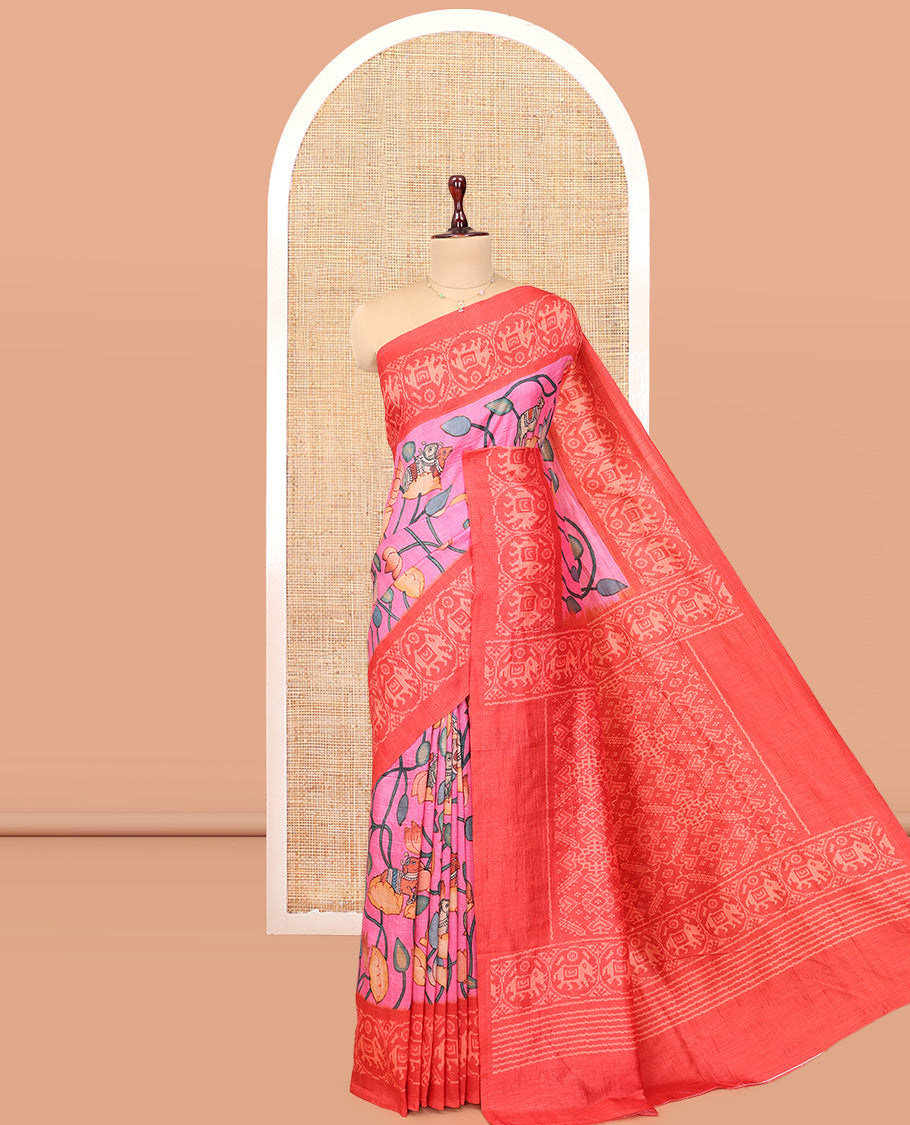 Pink Fancy Tussar Saree Features Pichwai Lotus and Cow Print, Contrast Patola Elephant Border, Patola Pallu, and a Contrast Blouse