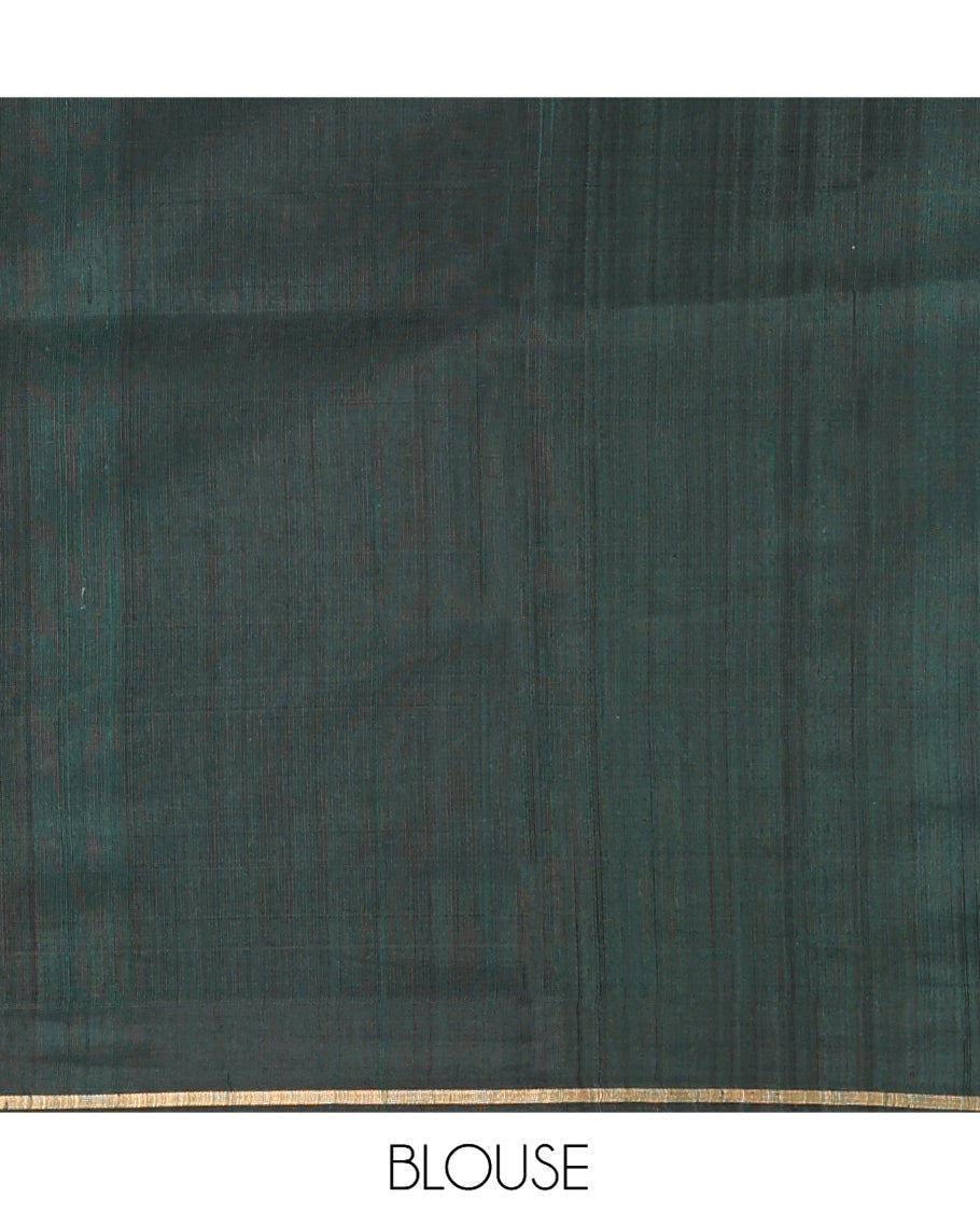 Green Dupion Silk Saree, Embellished with Dotted Stripes, a Zari Border, Gleaming Striped Pallu, and a Matching Blouse