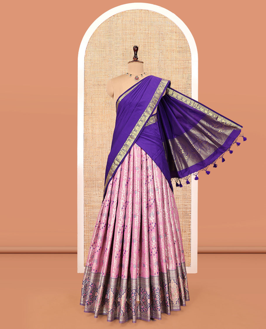 Pink Art Silk Material Half Saree Set, Embellished with Jacquard Design Skirt, a Contrast Meenakari Design Border, Contrast Blouse, and an Intricate Dhavani