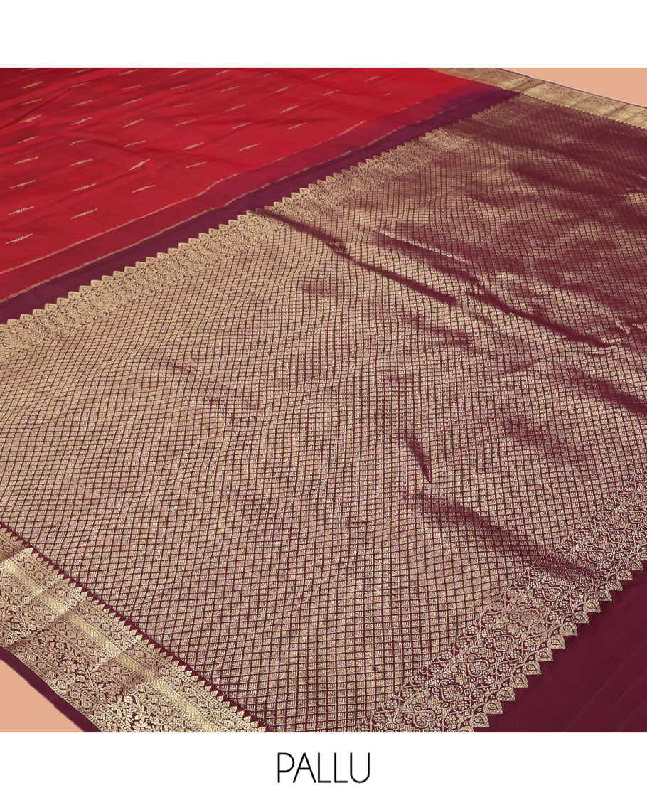 Red Kanchipuram Silk Saree, Graced with Zari Buttas, Complemented by Contrast Traditional Zari Border, Jaal Pallu, and Contrast Blouse