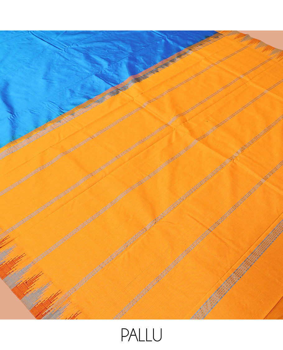 Blue Plain Bangalore Silk Saree, Complemented by a Contrast Temple Border, Pallu of Stripes, and a Contrast Blouse