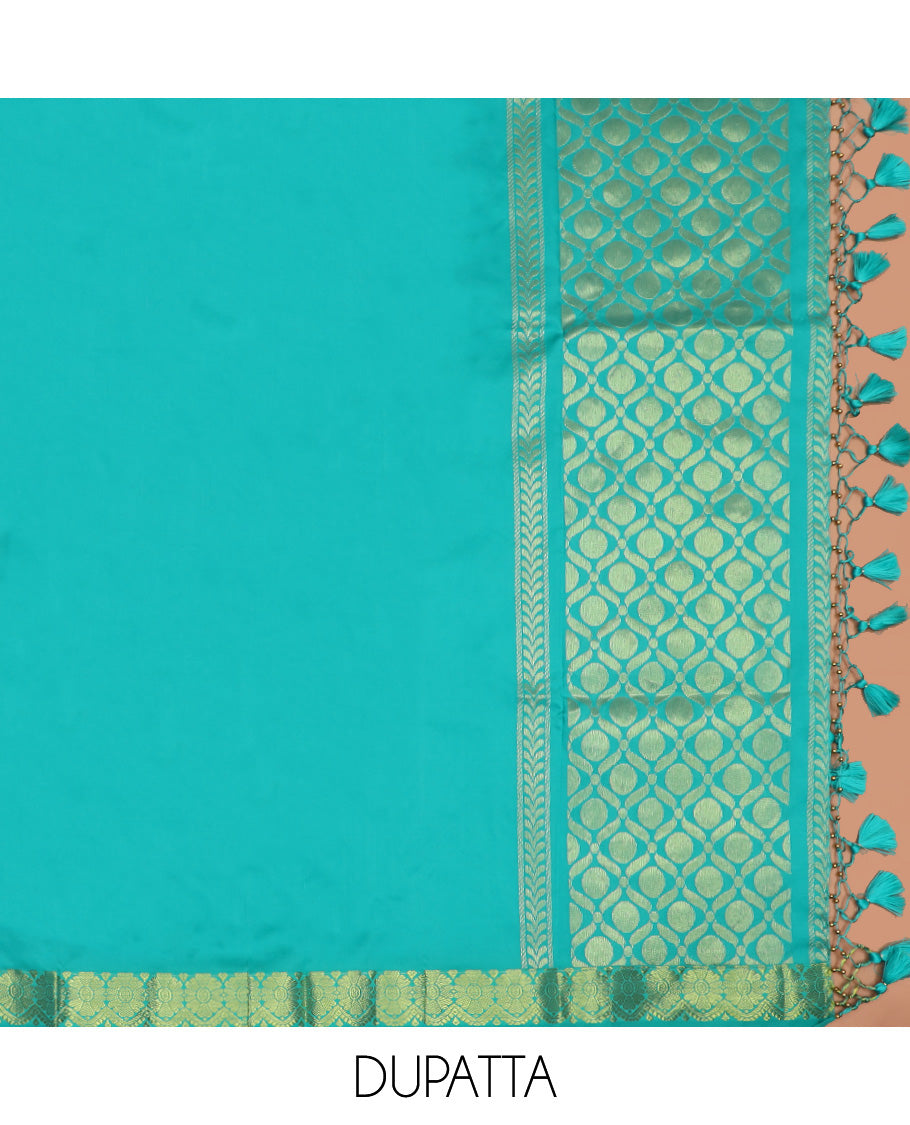 Light Orange Art Silk Material Half Saree Set Featuring Jacquard Skirt, a Contrast Traditional Zari Design Border, a Zari-Jacquard Blouse, and a Dhavani Decked with Zari Designs