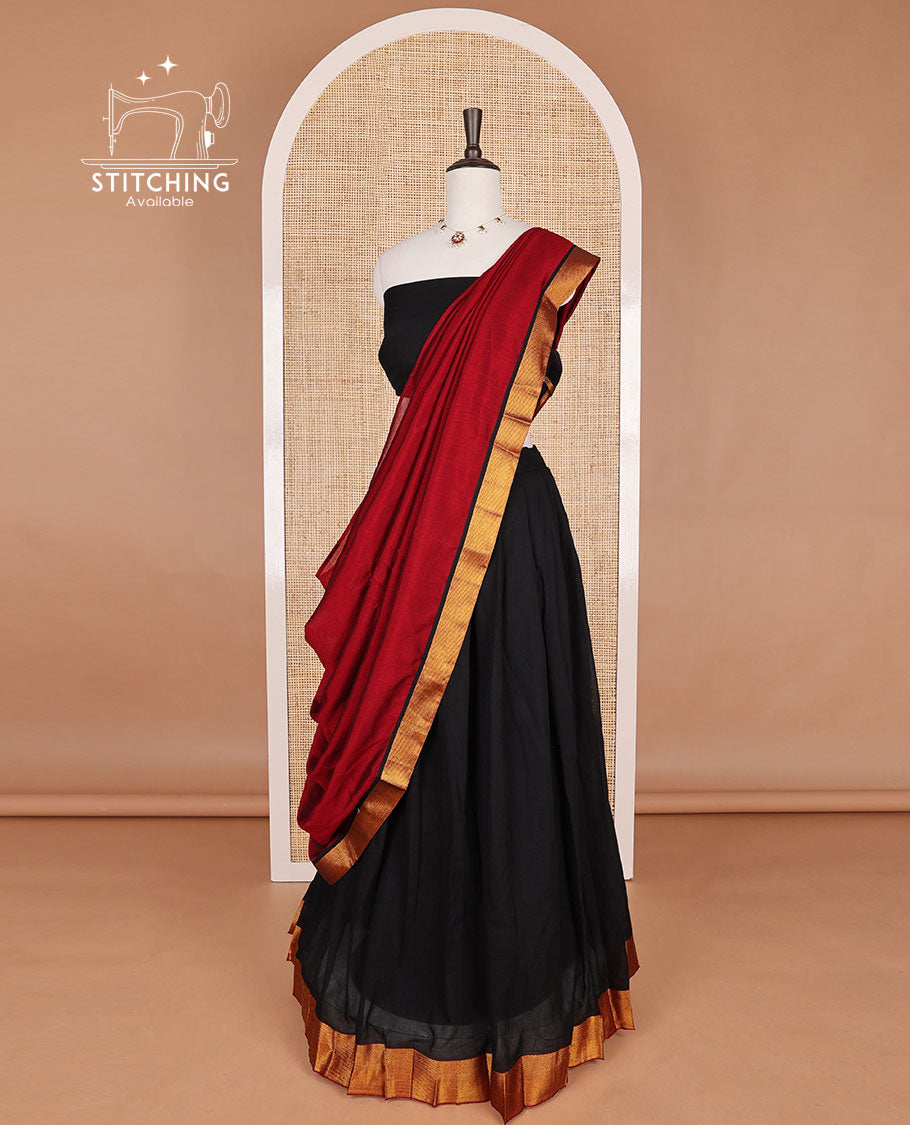 Black mercerised cotton daman design border half saree with cotton blouse & georgette one side zari border