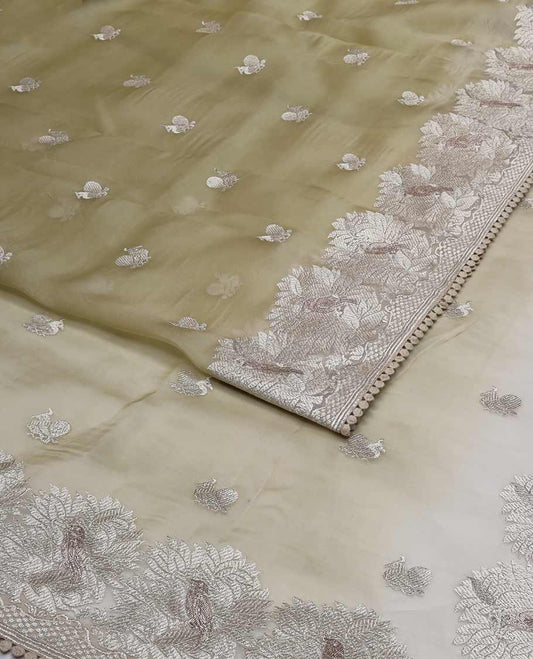 Mint green floral design organza saree with lace border