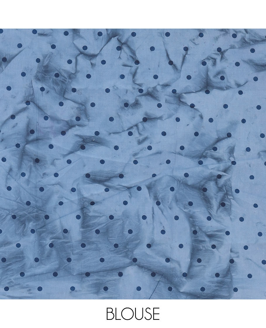 Grey tamil letters printed soft cotton saree, zari piping border, small polka dotted pallu, and blouse of abstract and polka dots print