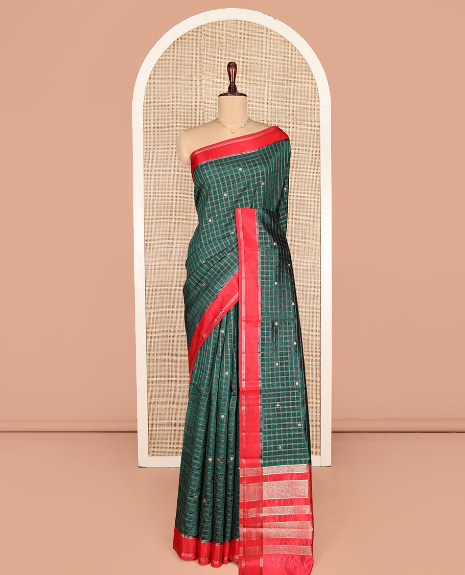 Green Dupion Silk Saree, Decorated with Zari Butta Enclosed Checks, Complemented by a Contrast Border, Zari Striped Pallu, and a Contrast Blouse