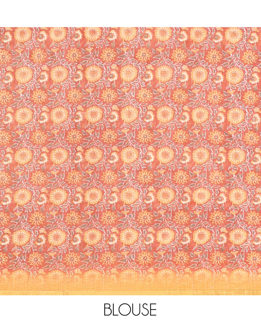 Mustard Linen Cotton Saree, Gleamed Up with Floral Motifs Printed on Its Body, Subtle Piping Border, Complemented by a Contrast Floral Printed Blouse, and Paired with a Contrast Blouse