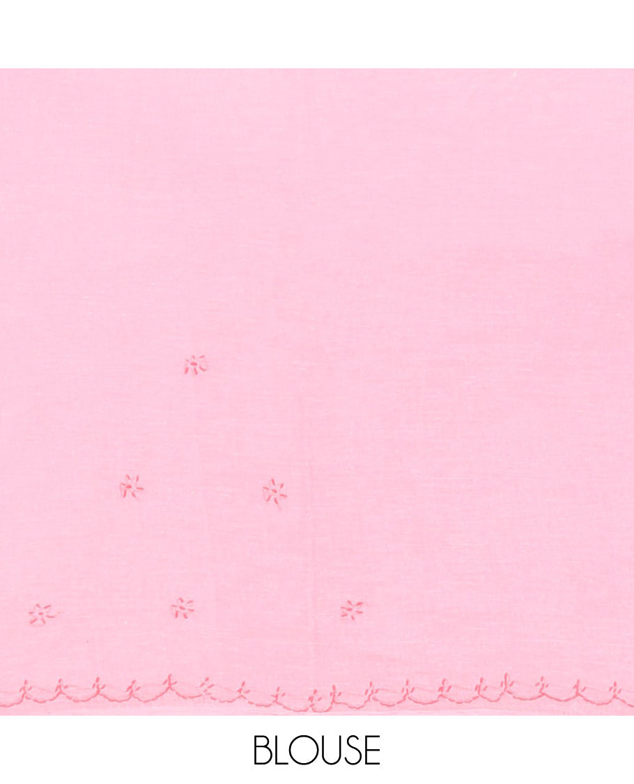 Pink floral embroidery lucknowi chikankari cotton saree,self-border & pallu of floral & paisley embroidery
