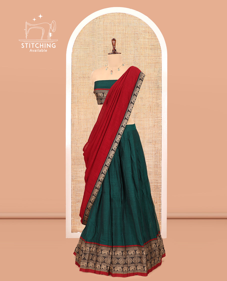 Green Mercerised Cotton Half-Saree, Plain Skirt, an Elephant Motif Border, a Matching Blouse, Contrast Dhavani