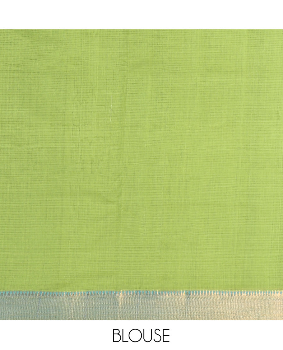 Blue Mangalgiri Cotton Saree, Prettified with Stripes on Its Body, Complemented by Contrast Zari Temple Border, Zari-Striped Pallu, and Paired with a Contrast Blouse