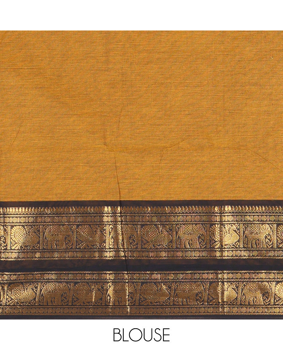 Mustard Plain Chettinad Cotton Saree, Complemented by a Contrast Rettai Pettu Zari Border of Thilakam Mokku, Rudraksham, Elephant, and Peacock Designs, Subtly Striped Pallu, and Paired with a Matching Blouse