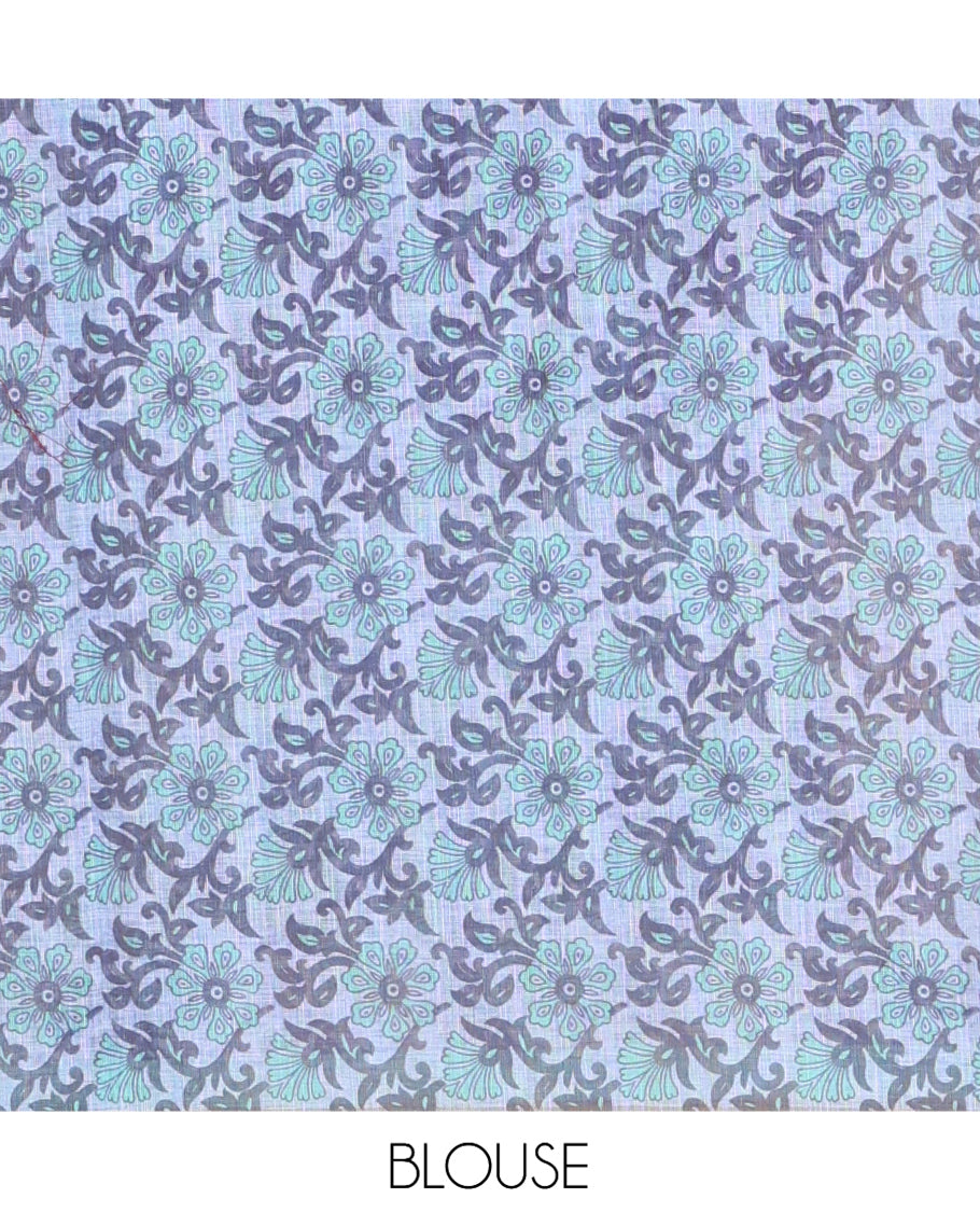 Rama Shibori Printed Linen Cotton Saree, a Piping Border, Floral Pallu, and a Contrast Blouse
