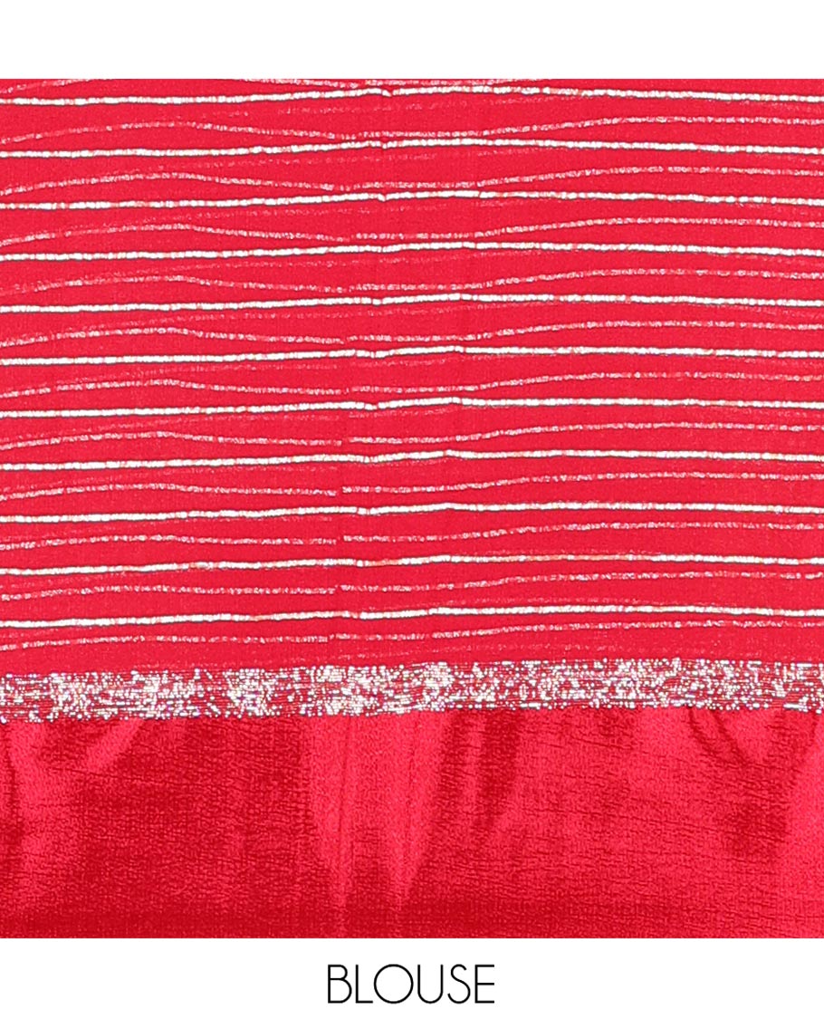 Rani Pink Viscose Georgette Saree Gleamed with Horizontal Golden Zari Stripes All Over Its Body, Accentuated by a Satin Plain Border, a Self Pallu Featuring the Same Horizontal Stripes, and Paired with a Running Blouse
