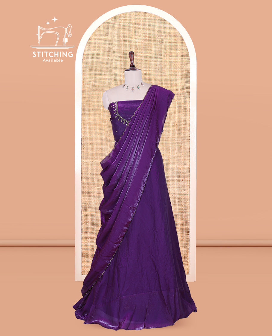 Dark Purple Fendi Organza Half-Saree, Plain Skirt, Matching Embroidered Blouse, Matching Scallop Dhavani