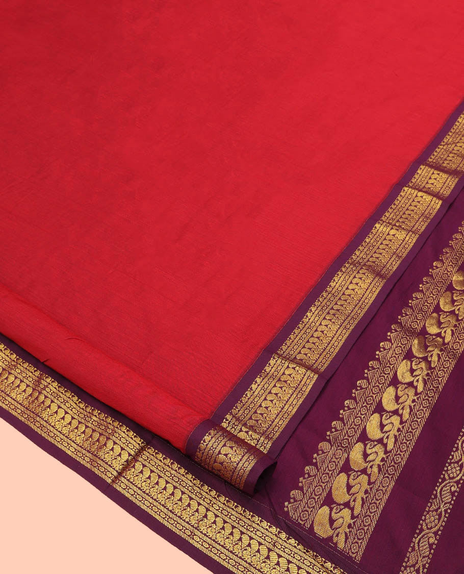 Red Plain Nine Yard Cotton Saree, Complemented by Contrast Traditional Zari Design Border, Pallu of Traditional Designs, and Comes Without a Blouse