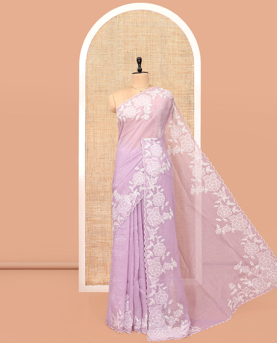 Pink Plain Organza Saree, Enthralled with Scallop Floral Embroidery Border, and Matching Blouse