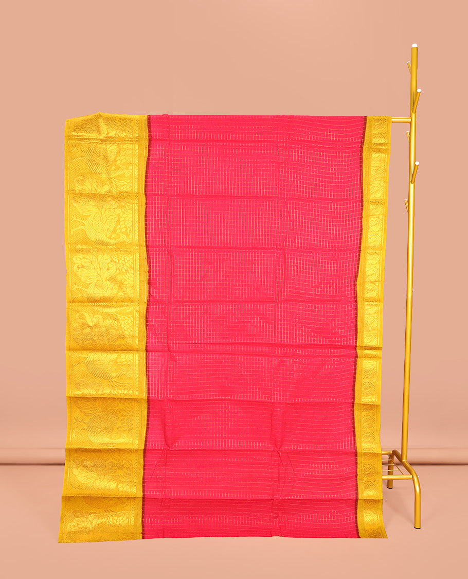 Red Sungudi Cotton Saree, Detailed with Zari Checks on Its Body, Complemented by a Contrast Traditional Zari Border of Big Peacocks, Zari-Striped Pallu, and Paired with a Contrast Blouse