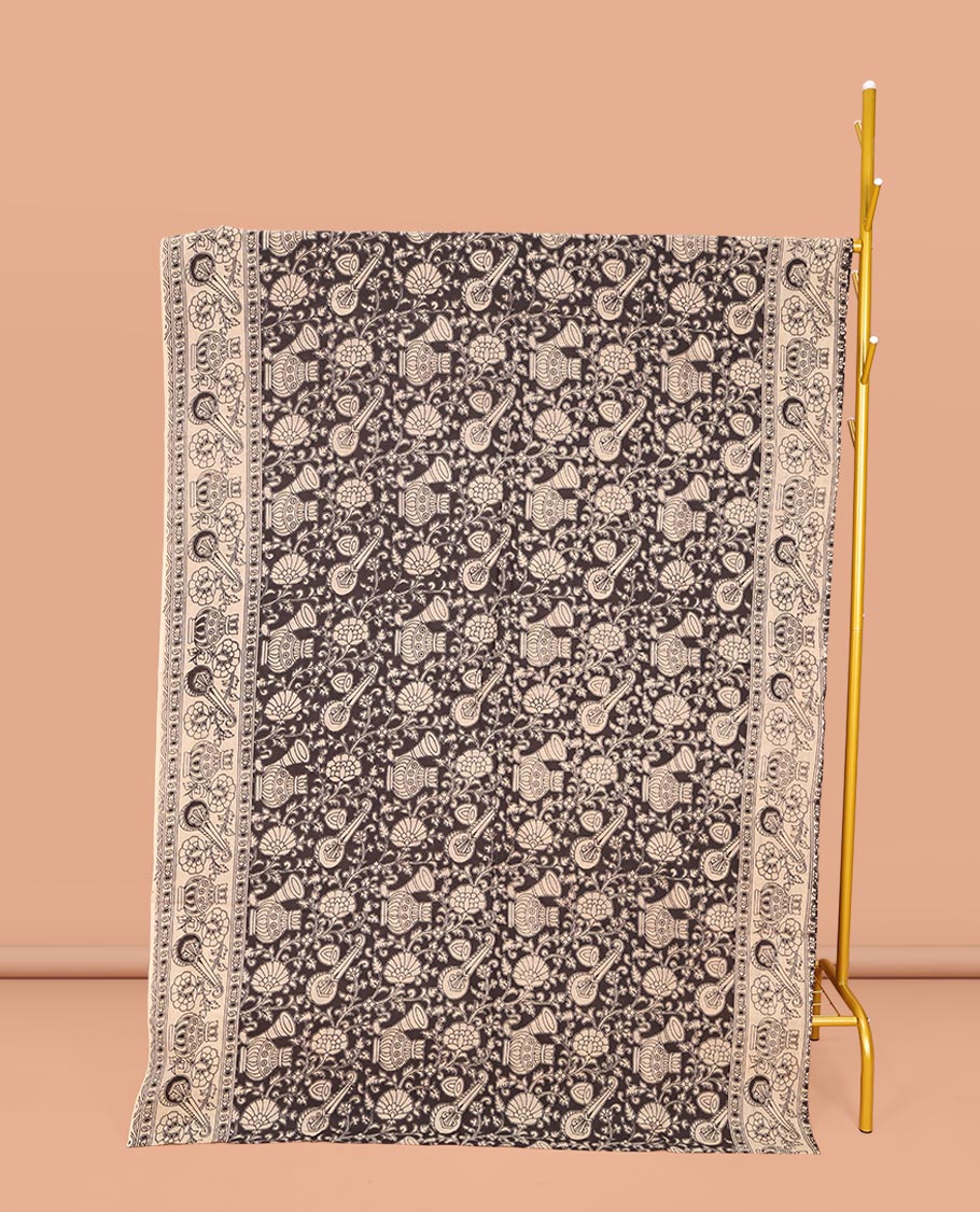 Black Machine-Printed Kalamkari Cotton Saree, Adorned with Floral and Floral Vase on Its Body, Subtly Printed Border, Pallu of Peacock Print, and Paired with a Printed Blouse