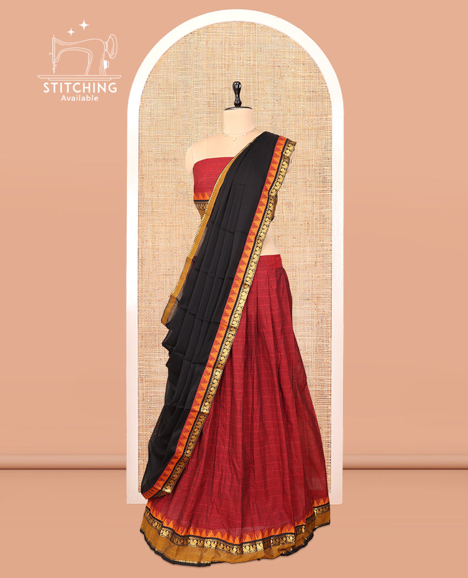 Maroon Cotton Half-Saree Features Checked Skirt, a Contrast Traditional Rettai Pettu Border, a Matching Blouse, and a Contrast Dhavani