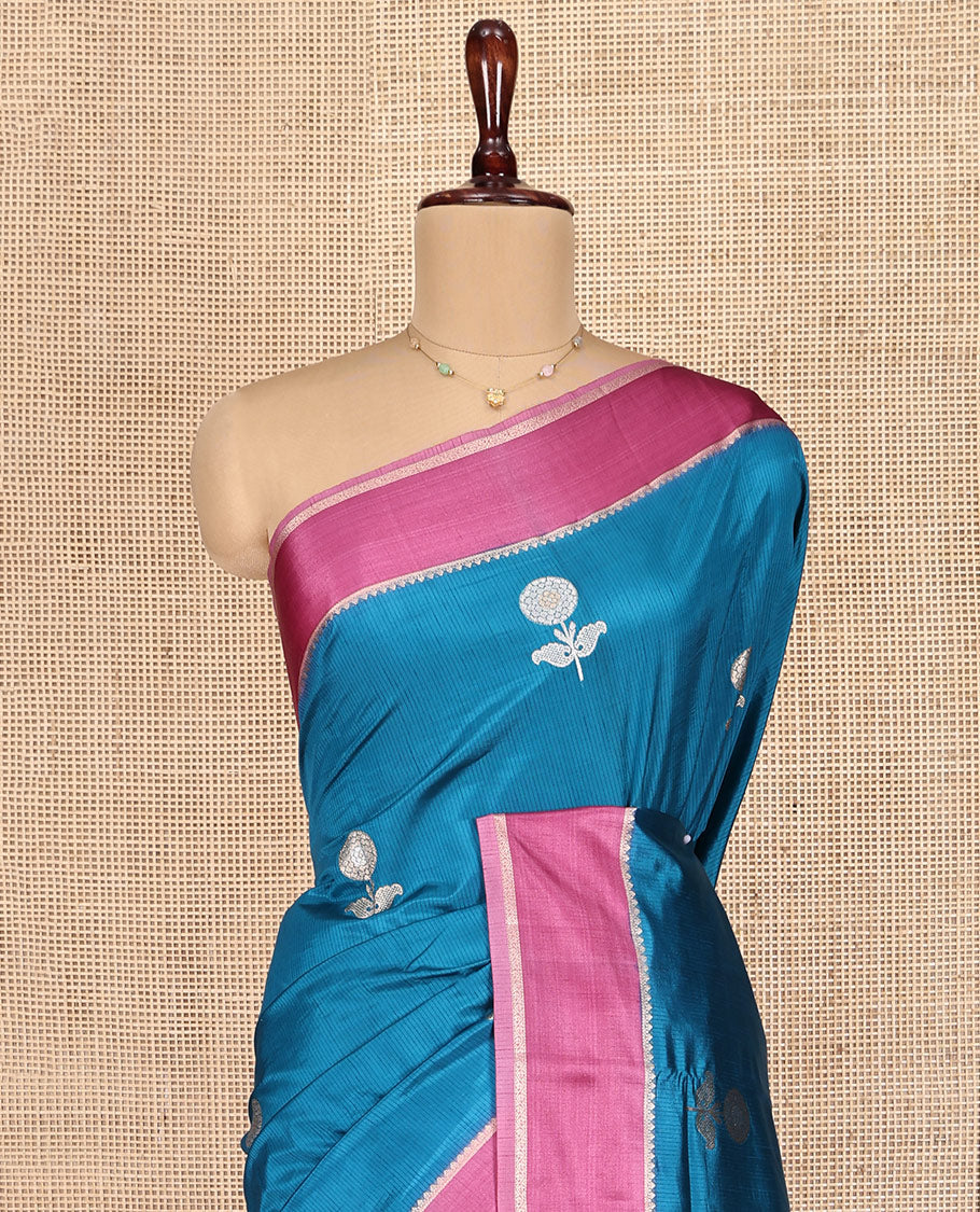 Blue Semi-Banaras Dupion Saree, Impeccably Styled with Floral Buttas, Complemented by Contrast Temple Border, Grand Jaal Pallu, and a Contrast Blouse