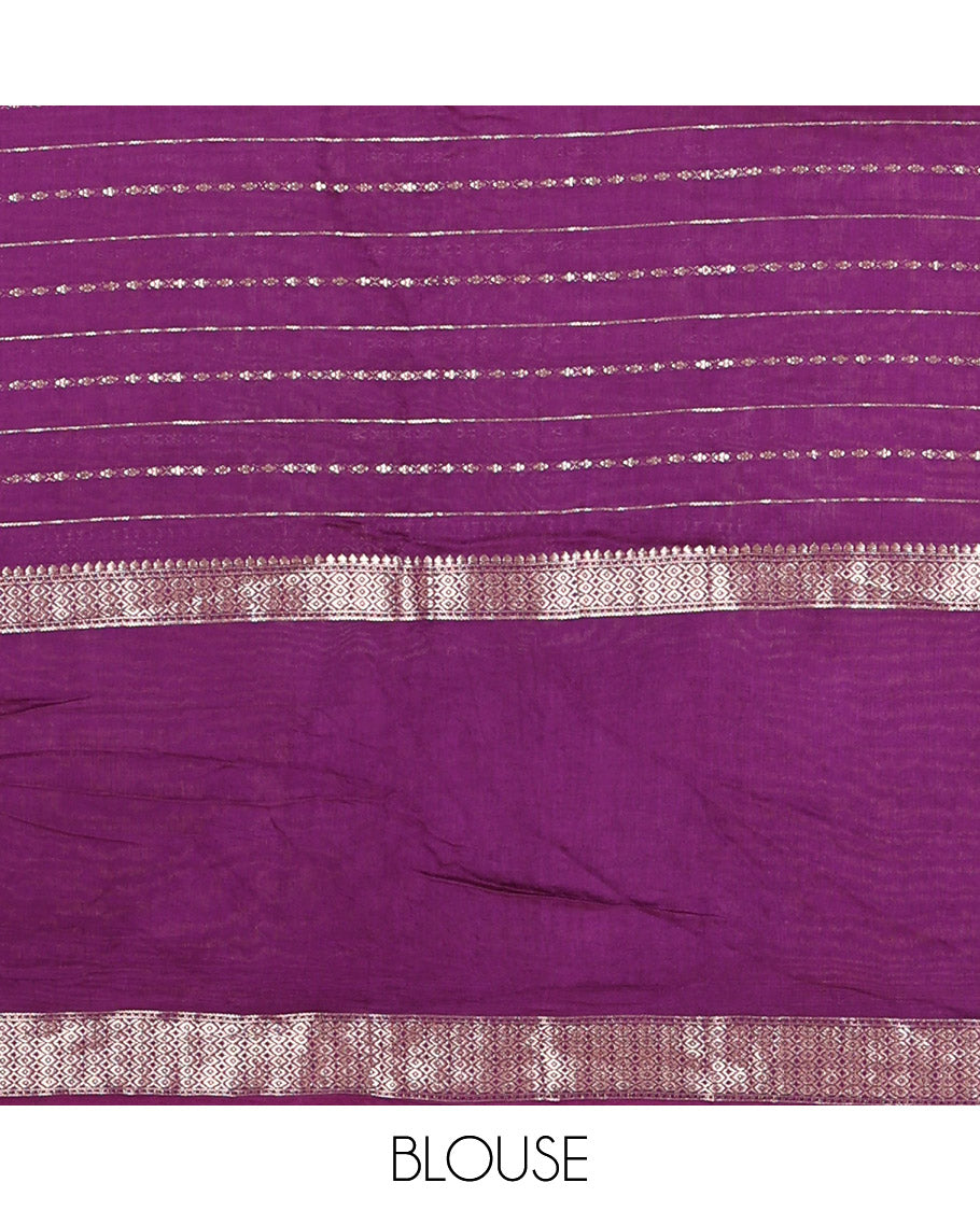 Lavender Assam Silk Saree Featuring Horizontal Zari Stripes, Contrast Floral Embroidered Border, Zari Striped Pallu, and a Contrast Blouse