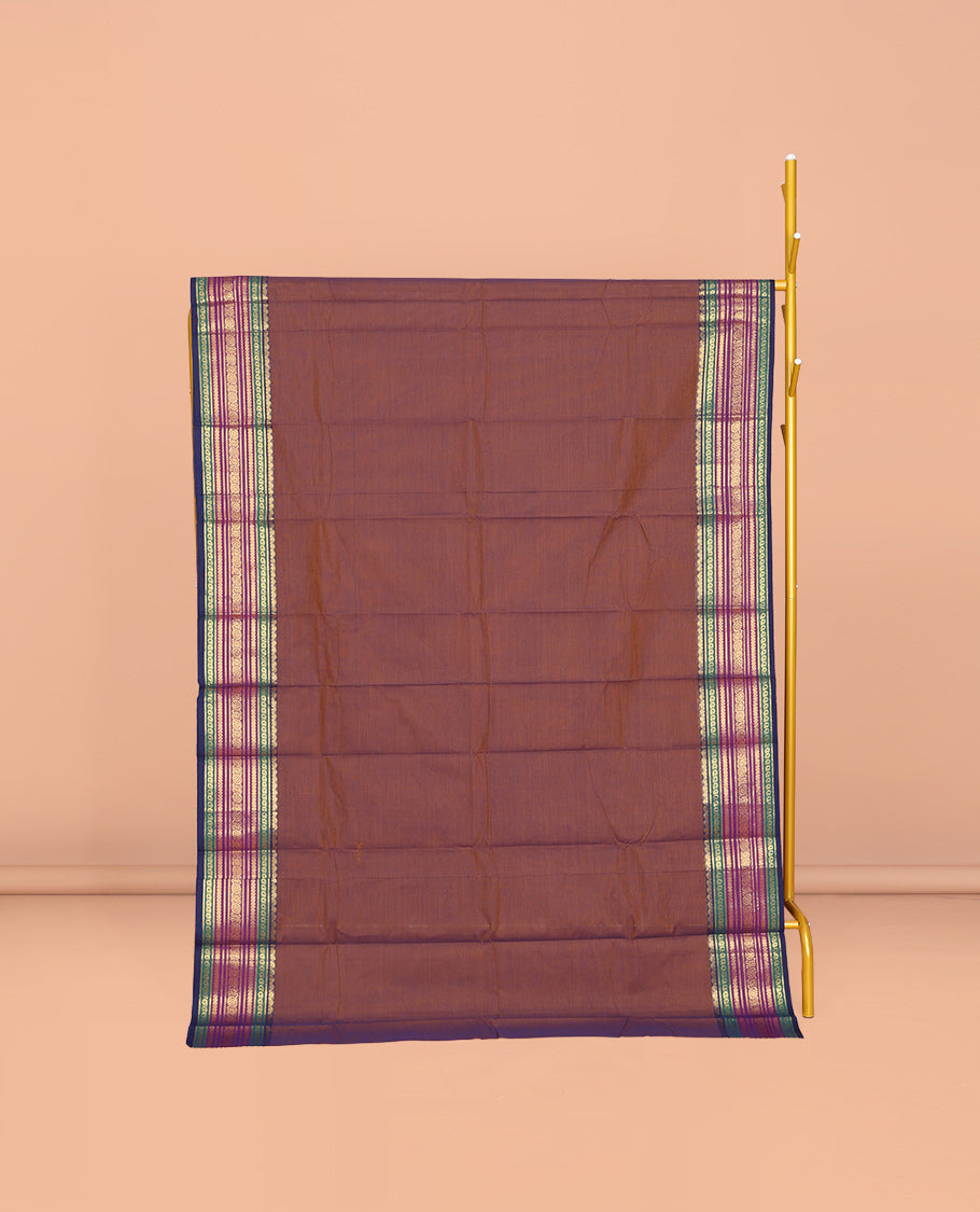 Brown Plain Chettinad Cotton Saree, Complemented by a Contrast Traditional Zari Design Border, Pallu of Stripes, and Paired with a Matching Blouse