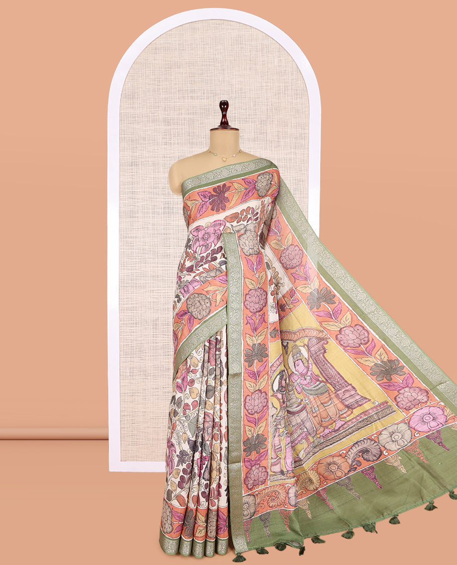 Off-White Kalamkari Printed Fancy Tussar Saree