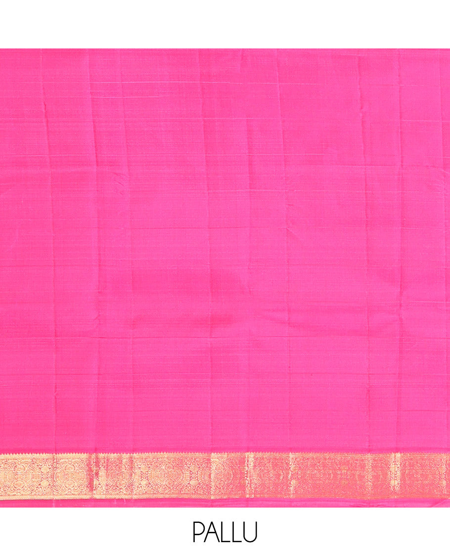 Green Kanchipuram Silk Saree, Sparsely Sparkled with Mayil Butta Enclosed Checked All Over Its Body, Complemented by a Contrast Traditional Zari Design Border, Pallu of Intricate Designs, and Paired with a Contrast Blouse